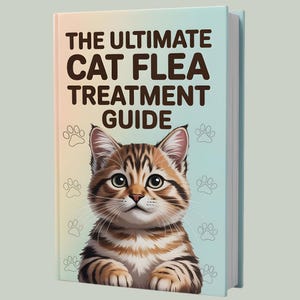 May include: A hardback book titled "THE ULTIMATE CAT FLEA TREATMENT GUIDE" features a detailed illustration of a tabby cat. The book's cover has a gradient background with paw prints. The cat has brown and tan stripes.