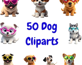 May include: Nine cartoon dog cliparts, each sporting sunglasses. The dogs are of different breeds and colours, including a pug, golden retriever, and Dalmatian. The image features the text "50 Dog Cliparts" in the centre.