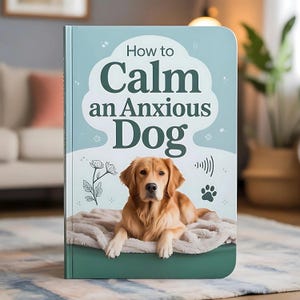 Puede incluir: Un libro titulado "How to Calm an Anxious Dog" presenta un golden retriever sobre una manta. La portada es azul claro con texto blanco e ilustraciones de una huella de pata, flores y ondas de sonido.