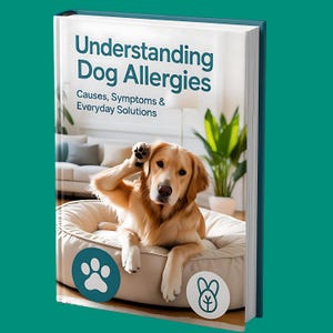 Może przedstawiać: Książka zatytułowana "Understanding Dog Allergies" przedstawia złotego retrievera w legowisku dla psa. Na okładce widnieje napis "Causes, Symptoms & Everyday Solutions". Pies podnosi łapę do głowy.