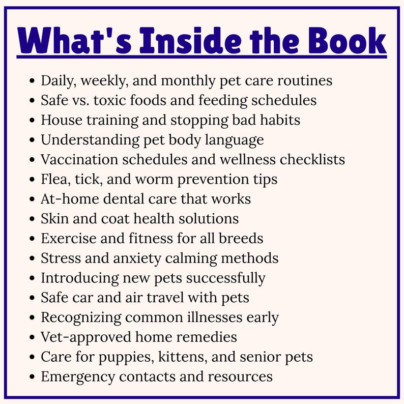 May include: A list of topics from a book titled "What's Inside the Book" in a blue frame. Topics include pet care routines, feeding schedules, house training, pet body language, vaccination schedules, and flea prevention.