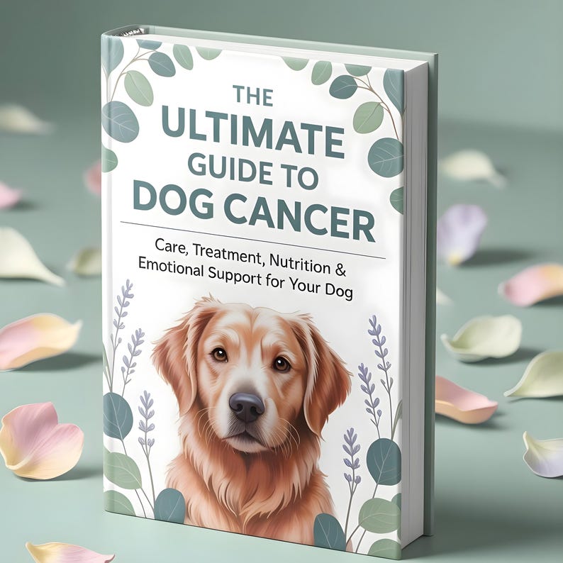 May include: A hardback book titled "The Ultimate Guide to Dog Cancer." The cover features a golden retriever illustration and botanical accents. The subtitle reads "Care, Treatment, Nutrition & Emotional Support for Your Dog."