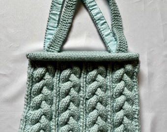 Cable Knit Shoulder Bag, Handmade Knit Purse, Cozy Structured Tote, Cottagecore Bag, Unique Gift for Her, Sage Green Handbag