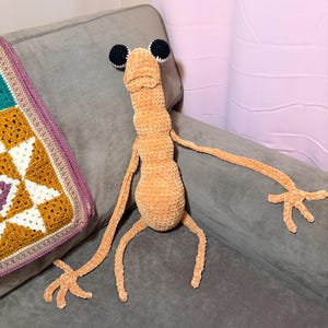 Op de afbeelding: Een handgemaakte gehaakte knuffel van zacht, lichtoranje garen. Het wezen heeft een lange, slanke nek, een rond lichaam en langwerpige ledematen met handen met meerdere vingers. Het heeft twee opvallende, ronde zwarte ogen met witte randen.