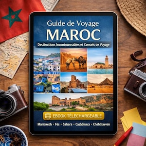 Puede incluir: Una tableta muestra una guía de viaje para Marruecos, titulada "Guide de Voyage MAROC". La portada presenta imágenes de paisajes y monumentos marroquíes. La tableta está rodeada de elementos relacionados con viajes, como un mapa, una cámara y un sombrero.