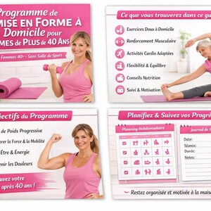 May include: A fitness guide for women over 40, with images of exercises and workout routines. The guide includes sections on home exercises, muscle strengthening, and nutrition advice. The overall theme is health and wellness.