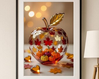 Digital Download Apple Autumn Print: Fall Leaves and Pumpkins