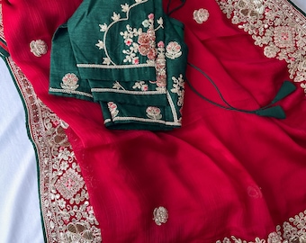Red Chiffon Gotta Patti Saree work Blouse/Bridal Saree/ Indian wedding