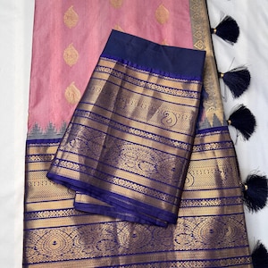 Pure Silk Gadwal Handloom Light Weight Pink Blue Saree
