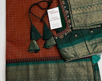 Gadwal Rust Brown Green Semi Silk Check Saree Blouse