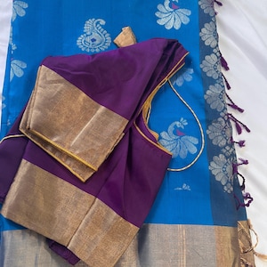 Kanchi Blue Purple Handloom Pure Silk Saree with Blouse