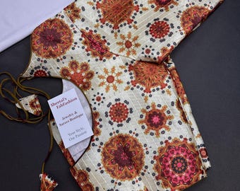 Blouse Floral Kalamkari Beige Printed Silk Ready made blouse saree