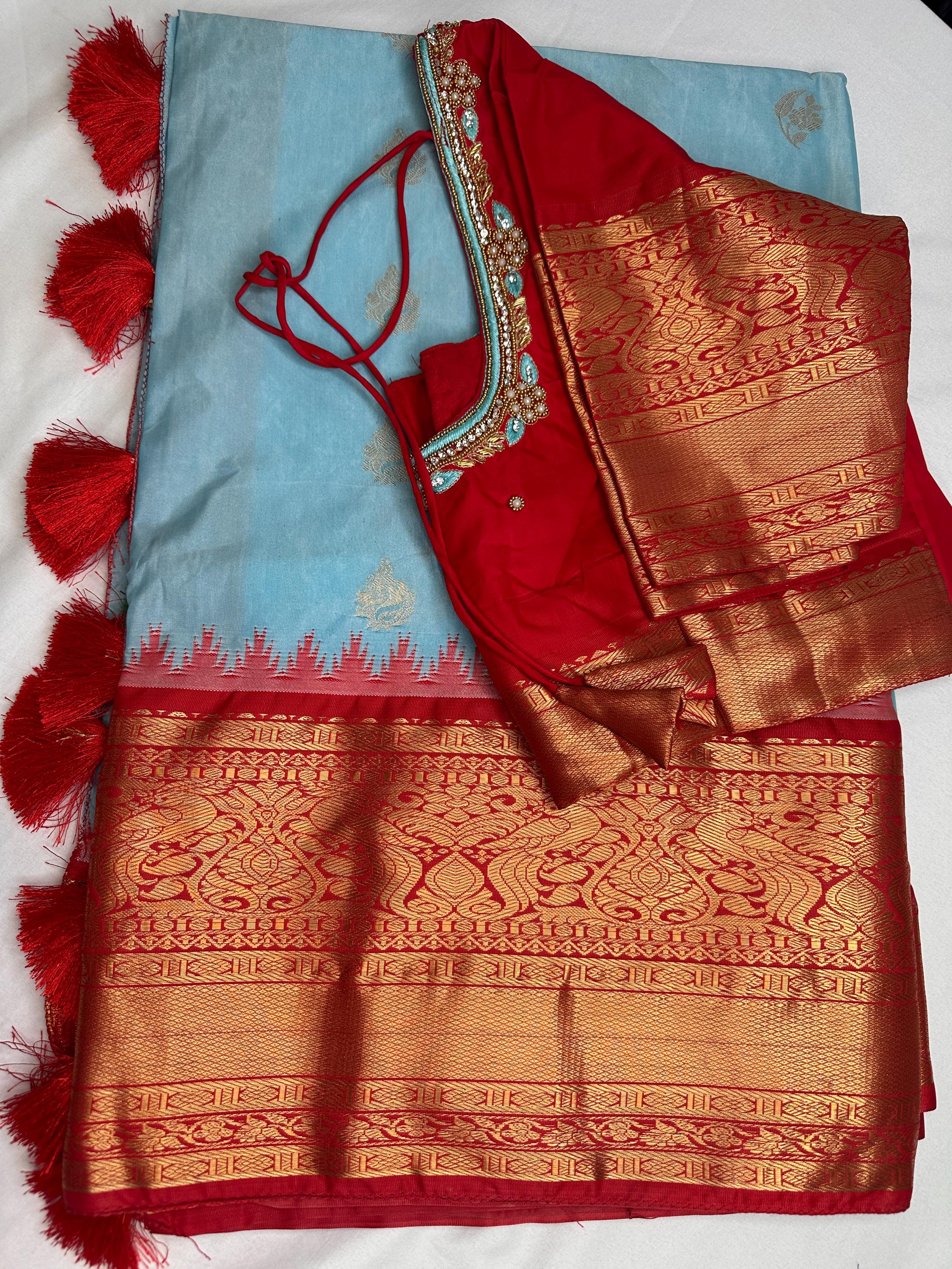 Pattu Pure Silk Gadwal Blue Red Handloom Silk Saree Maggam Work Blouse