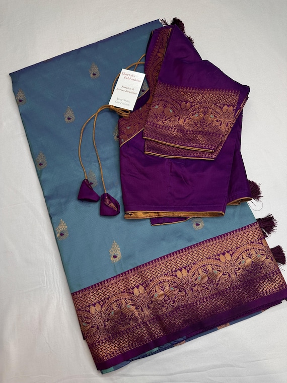 Saree Paithani Blue Soft Silk Traditional Saree with Blouse
