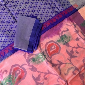 Soft Silk Pochampally Uppada Pink Blue Handloom Light Weight Saree