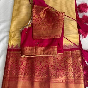 Pure Silk Gadwal Pattu Yellow Pink Handloom Silk Saree Maggam Work Blouse