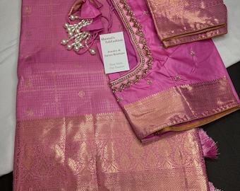Kanchi Pattu Pink Check Semi Silk Saree Aari Maggam Blouse Festive Wear