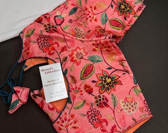 Blouse Floral Kalamkari Pink Printed Silk Ready made blouse saree