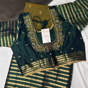 Pattu Gold Zari Saree Green Soft Silk Mangalgiri Maggam Aari Blouse