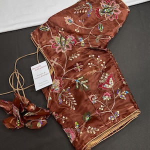 Brown Tissue Crepe Blouse Embroidery Multi Color Ready made