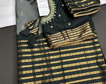 Pattu Gold Zari Saree Green Soft Silk Mangalgiri  Maggam Blouse