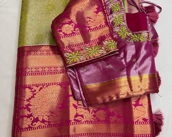 Green Soft Kachi Pattu Golden Festive Wear Semi Silk Saree/Brocade Saree Indian wedding