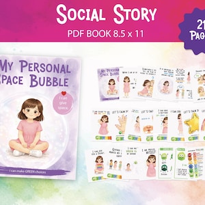 Op de afbeelding: Een kinderboek met sociale verhalen getiteld "My Personal Space Bubble" met illustraties van een meisje in een roze jurk. Het boek is 21,59 x 27,94 cm groot en heeft 21 pagina's. Extra pagina's tonen illustraties en tekst over emoties.