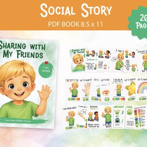 May include: A children's book titled "Sharing With My Friends" with a cartoon illustration of a boy waving. The book is a PDF, 8.5 x 11 inches, and has 20 pages. Additional pages show illustrations and text about sharing and emotions.