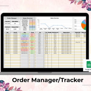Op de afbeelding: Een laptopscherm met een orderbeheersspreadsheet met gegevens, grafieken en diagrammen. Het scherm toont de orderstatus, artikeldetails en verzendinformatie. De woorden "Order Manager/Tracker" staan onderaan het scherm.