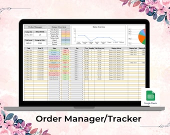 May include: A laptop screen displaying an order manager spreadsheet with data, charts, and graphs. The screen shows order status, item details, and shipping information. The words "Order Manager/Tracker" are at the bottom of the screen.