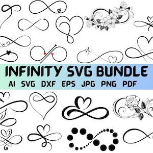 Pode incluir: Um conjunto de 16 designs SVG em preto e branco de símbolos de infinito. Os designs incluem vários estilos de símbolos de infinito, incluindo corações, flores e redemoinhos. O texto "INFINITY SVG BUNDLE" está na parte superior da imagem. O texto "AI SVG DXF EPS JPG PNG PDF" está abaixo do título.