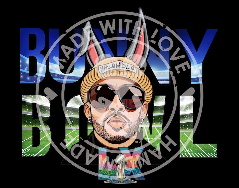May include: A digital illustration featuring a man wearing sunglasses, a beanie with text, and bunny ears. The image is set against a football field backdrop with the words "BUNNY BOWL" and "MADE WITH LOVE" in a circular design.