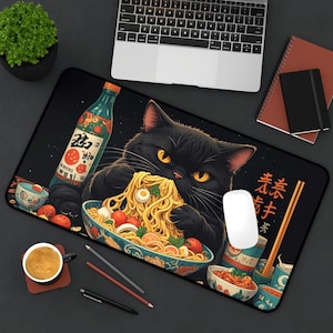 Black Cat Desk Mat, Whimsical Ramen Mousepad with Vibrant Colors