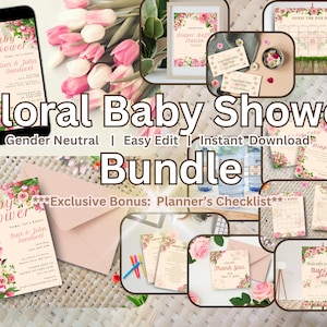 Ensemble floral baby shower | Invitations modifiables | Invitations imprimables et numériques | Décoration de fête prénatale | Jeux| Téléchargement instantané | Planificateur de bonus