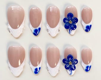 Blue Flower Bloom Press on nails long almond nails/White French Nails/Blue Floral Nails/Holiday Nails/Summer Nails/3D Gel Birthday Nails