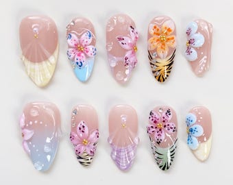 Sommer Blüte Flower Press auf Nägel kurze Mandel Nägel/3D Blumen Nägel/Leopard Nägel/Zebra print Nägel/Gelbe Nägel/Holiday Nägel/Lila Nagel