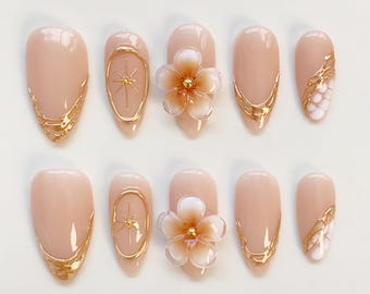 3D Gold Chrome Nails/Gold French Press On Nails Long Almond Nails/French Nails/Gold Nails/Wedding Nails/Sun star nails/3D Gel Flower Nails