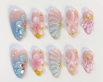 Starfish Bloom Elegance Press On Nails Short Almond Nails/Flower Nails/Yellow Nails/Summer Nails/Shell Nails/Birthday Nails/Blue Cute Nails