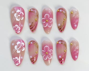 Bloom Flower Pink Press on nails long almond nails/Pink Nails/3D Gold Chrome nails/Elegance nails fairy nails/holiday nails/summer nails