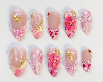 Summer freestyles Pink Orange Press on nails long almond nails/Shell Nails/Pink Nails/Bloom Flower Nails/Holiday Nails/Summer Nails French