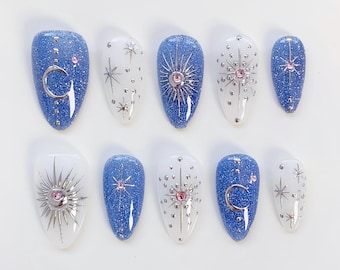 Custom Blue Cat Eye Press On Nails Short Almond Nails/Sun Star Nails/3D Chrome Nails/Silver Nails/Bling Nails/Summer Nails/Cat eye nails