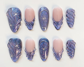 Aura Blue press on nails long almond nails/Sun StarNails/Cat eye nails/Aura Nails/gyaru nails/gothic nails/Bling Nails/Birthday Nails