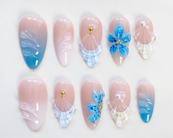 Holiday Blue Flower Press on nails long almond nails/Blue nails/Custom Nails/Shell Nails/Holiday Nails/3d gel nails/flower nails birthday