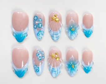 Blue Flower Bloom Press on nails long almond nails/3D Shell Nails/Blue Floral Nails/Holiday Nails/Summer Nails/3D Gel Birthday Nails