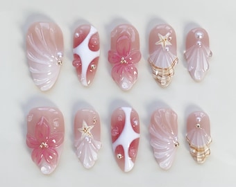 Unghie finte rosa estive, unghie lunghe a mandorla/Unghie a conchiglia 3D/Unghie per le feste/Unghie a stella marina/Unghie eleganti/Unghie estive/Unghie da spiaggia/Unghie a fiori