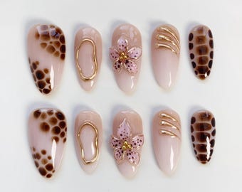 Brown Pink Press on nails long almond nails/3D Gold Chrome Nails/Elegant Nails/Holiday Nails/Wedding Nails/Nude Nails/Blooming Flower Nails