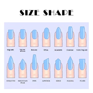 Puede incluir: Ilustraci&oacute;n que muestra varias formas de u&ntilde;as, incluyendo cuadrada, redonda, ovalada, almendrada, ata&uacute;d y stiletto. Cada u&ntilde;a est&aacute; pintada de azul y se muestra en un dedo. El texto "SIZE SHAPE" est&aacute; en la parte superior.