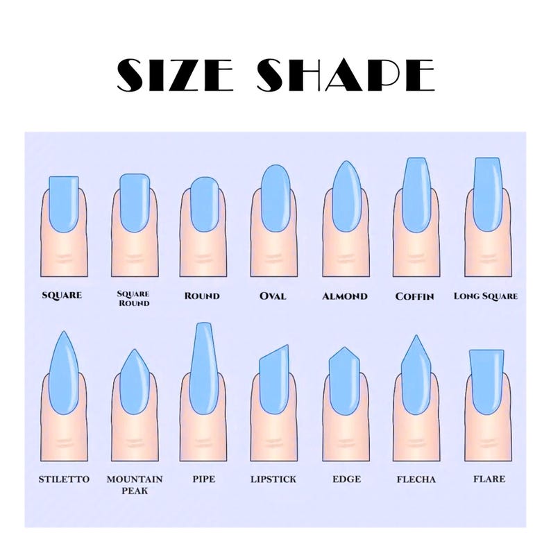 Puede incluir: Ilustraci&oacute;n que muestra varias formas de u&ntilde;as, incluyendo cuadrada, redonda, ovalada, almendrada, ata&uacute;d y stiletto. Cada u&ntilde;a est&aacute; pintada de azul y se muestra en un dedo. El texto "SIZE SHAPE" est&aacute; en la parte superior.