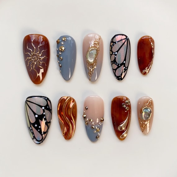 Amber Press On Nails Short Almond Nails/Brown Nails/Fritillaria Shell Nails/Butterfly Ring Nails/Sun Nails/Fake Nails/Birthday Holiday Nails