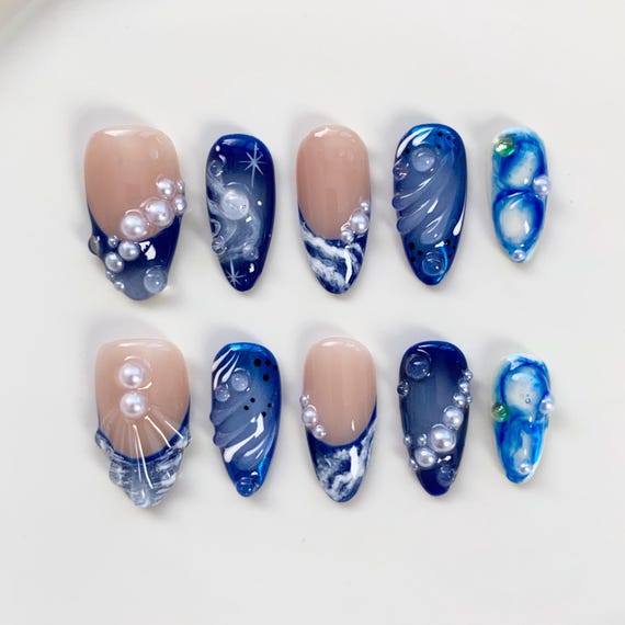 The Marias Nails/submarine Blue Press on Nails Long Almond Nails